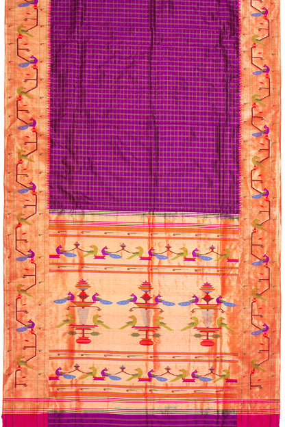 Paithani Silk Checks Purple Saree WIth Akruthi Border