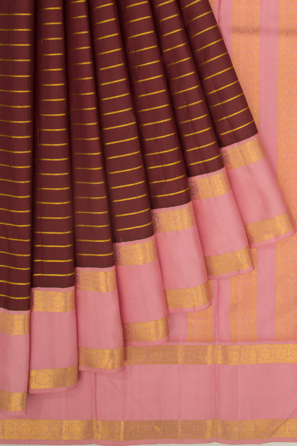 Kanchipuram Silk Horizontal Lines Brown Saree