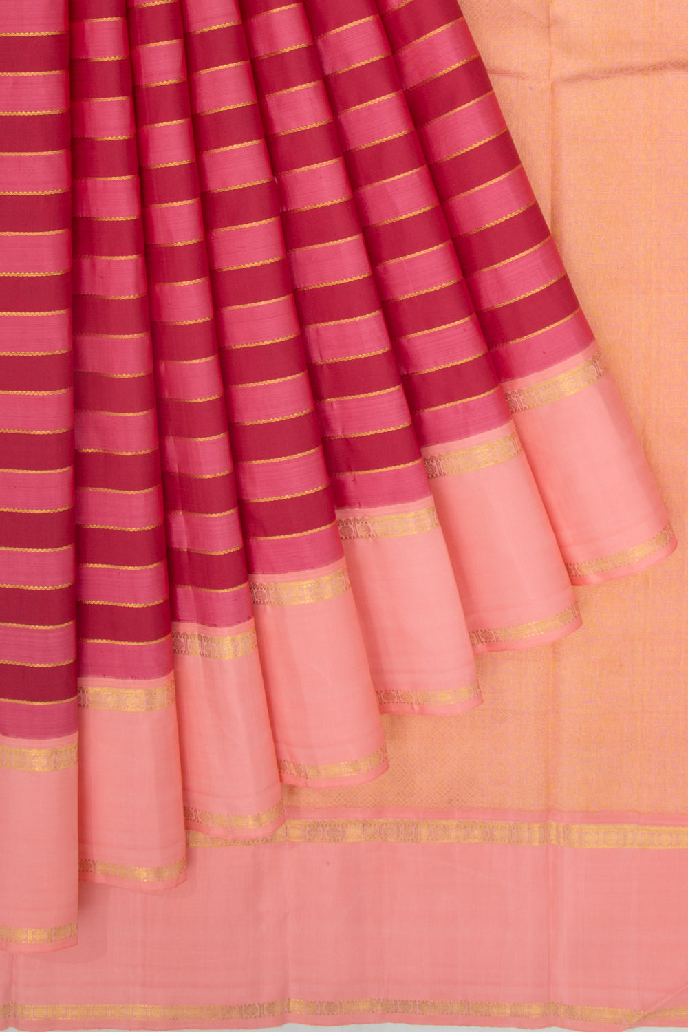 Kanchipuram Silk Horizontal Lines Pink And Maroon Saree