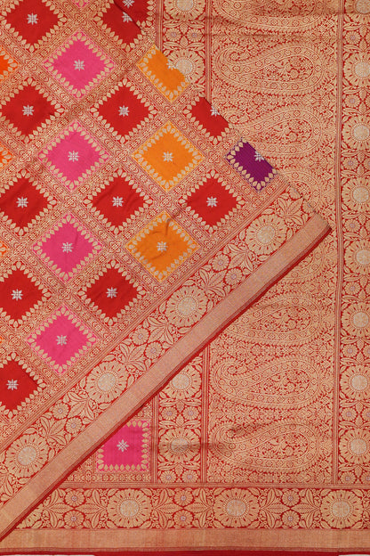 Banarasi Silk Checks And Butta Rangkat Red Saree