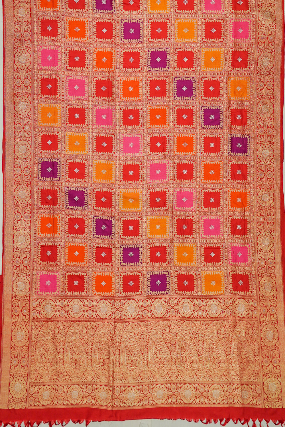 Banarasi Silk Checks And Butta Rangkat Red Saree