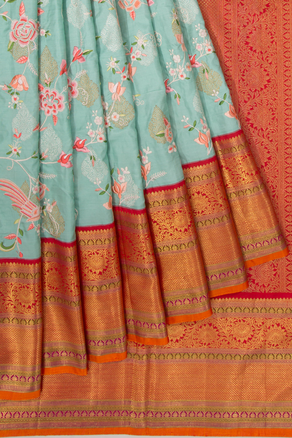 Kanchipuram Silk Embroidery Jaal Sea Green Saree