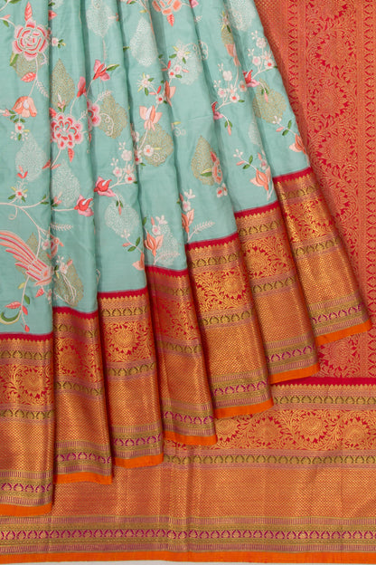 Kanchipuram Silk Embroidery Jaal Sea Green Saree