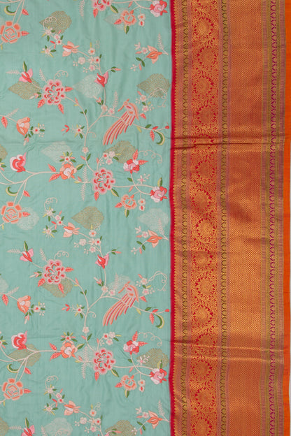 Kanchipuram Silk Embroidery Jaal Sea Green Saree
