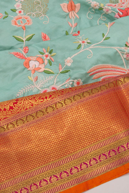 Kanchipuram Silk Embroidery Jaal Sea Green Saree
