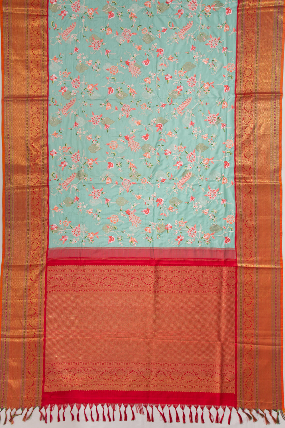 Kanchipuram Silk Embroidery Jaal Sea Green Saree