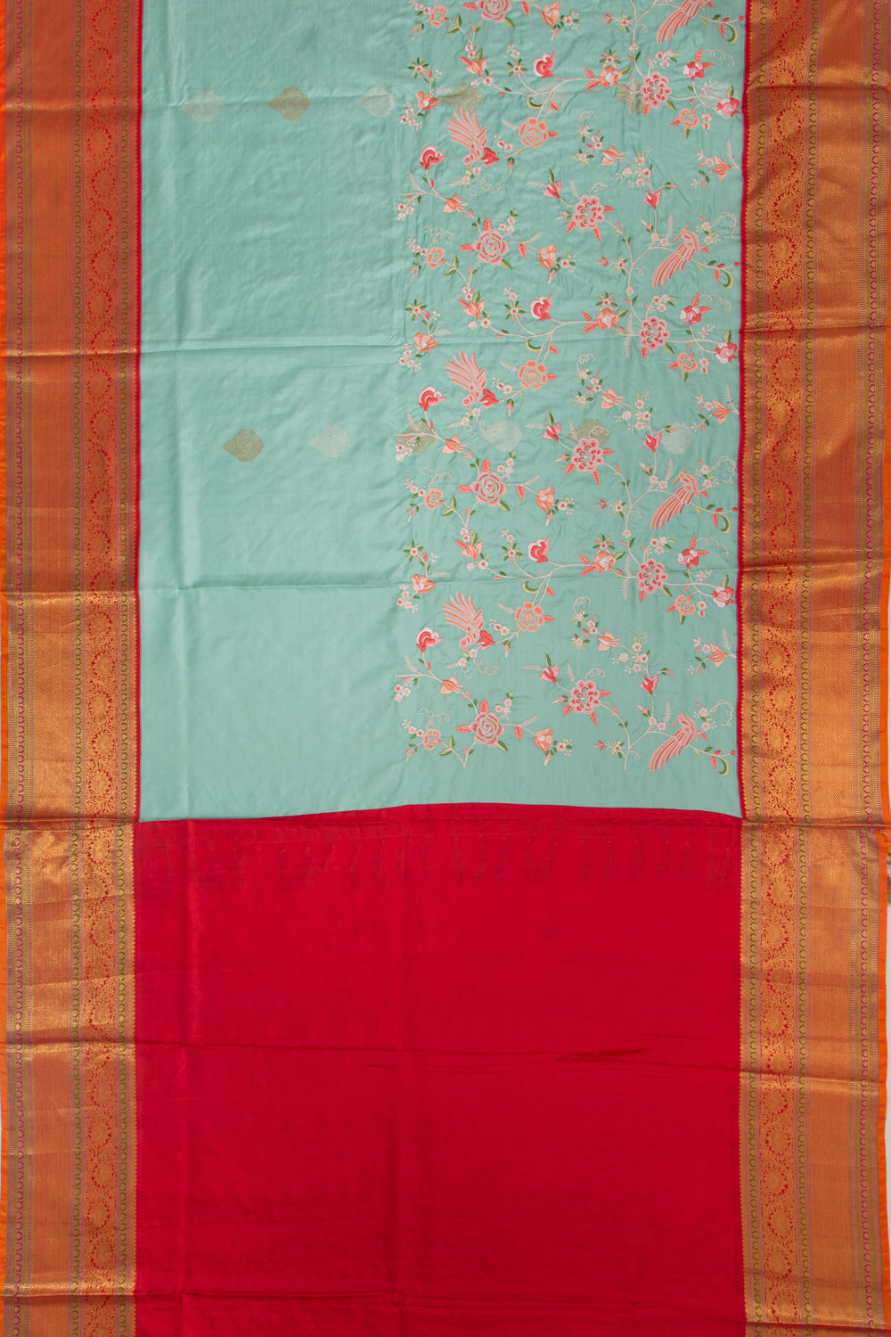Kanchipuram Silk Embroidery Jaal Sea Green Saree