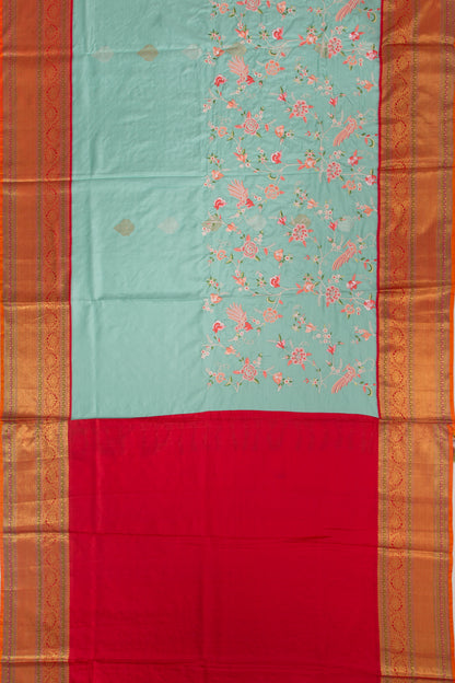 Kanchipuram Silk Embroidery Jaal Sea Green Saree