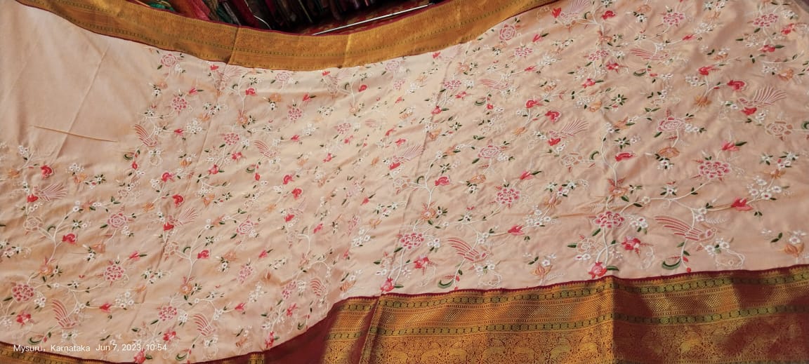 Kanchipuarm Silk Embroidery Peach Saree