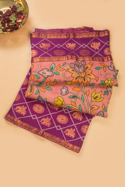 Kanchipuram Silk Handpainted Kalamkari Peach Saree
