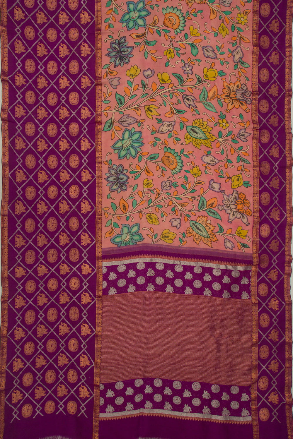 Kanchipuram Silk Handpainted Kalamkari Peach Saree