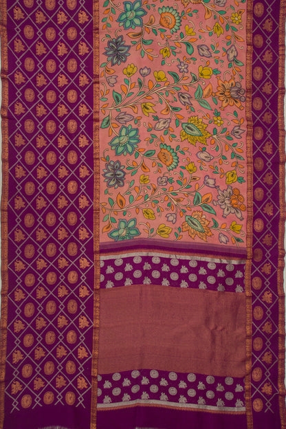 Kanchipuram Silk Handpainted Kalamkari Peach Saree