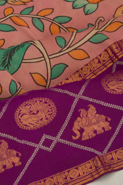 Kanchipuram Silk Handpainted Kalamkari Peach Saree