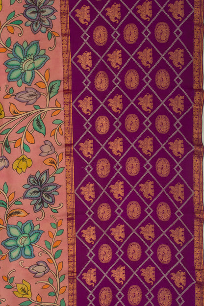 Kanchipuram Silk Handpainted Kalamkari Peach Saree