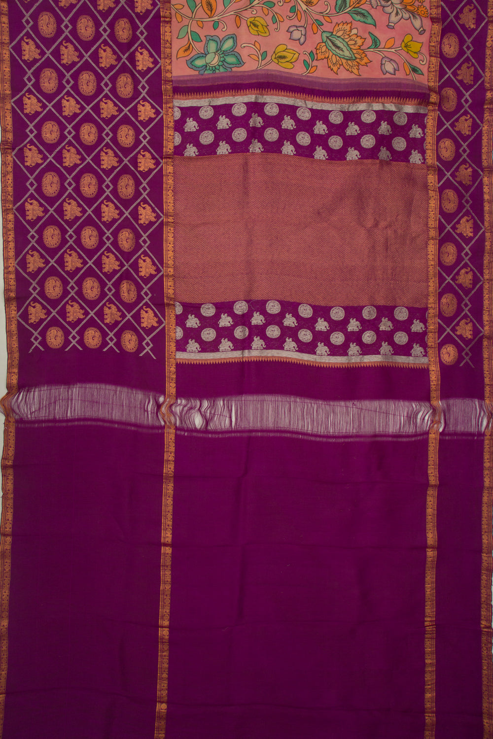Kanchipuram Silk Handpainted Kalamkari Peach Saree