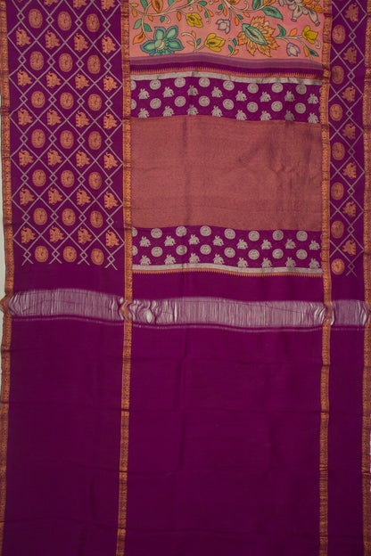 Kanchipuram Silk Handpainted Kalamkari Peach Saree