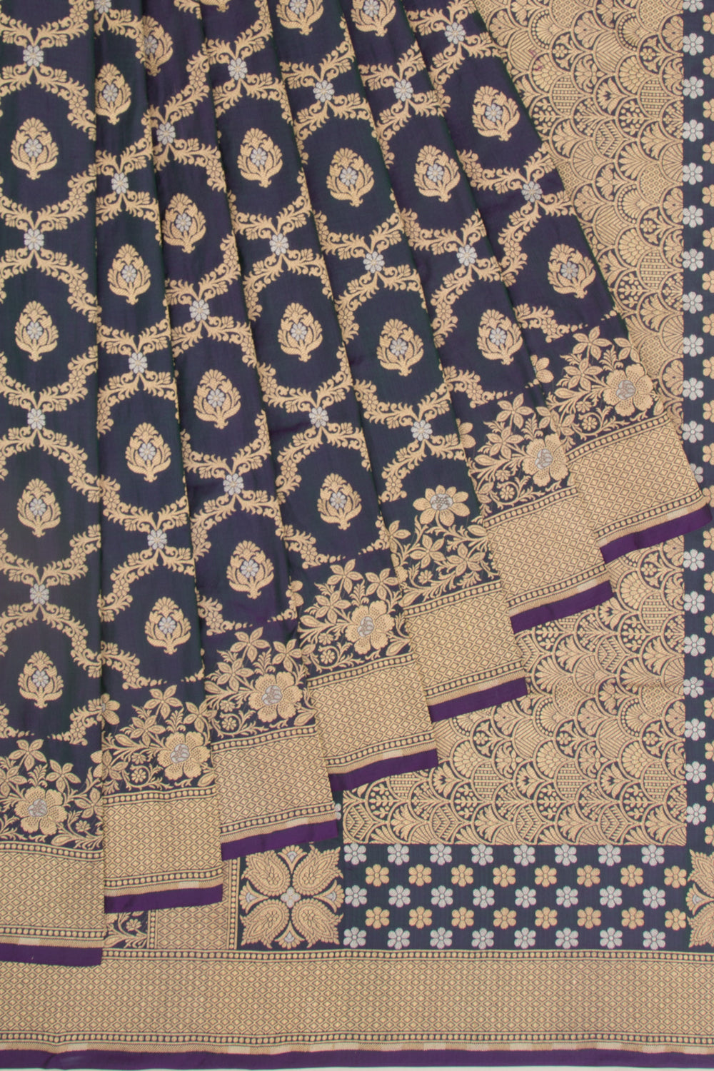 Banarasi Silk Jaal And Butta Dual Tone Green And Blue Saree