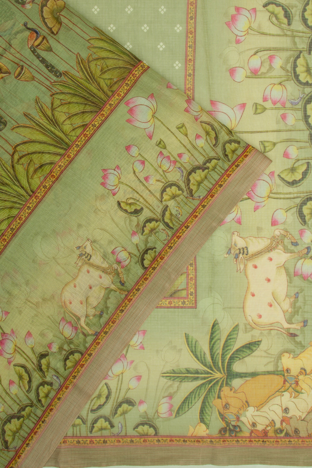 Kota Soft Silk Pichwai Printed Green Saree