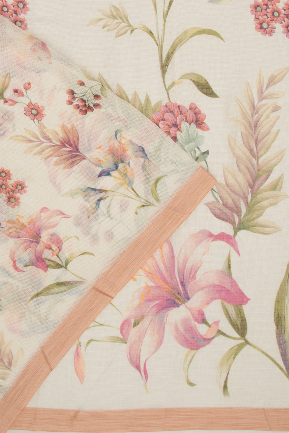 Kota Soft Silk Floral Printed Off White Saree