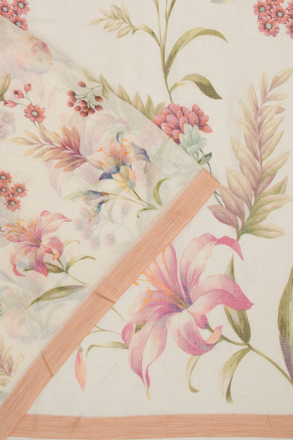 Kota Soft Silk Floral Printed Off White Saree