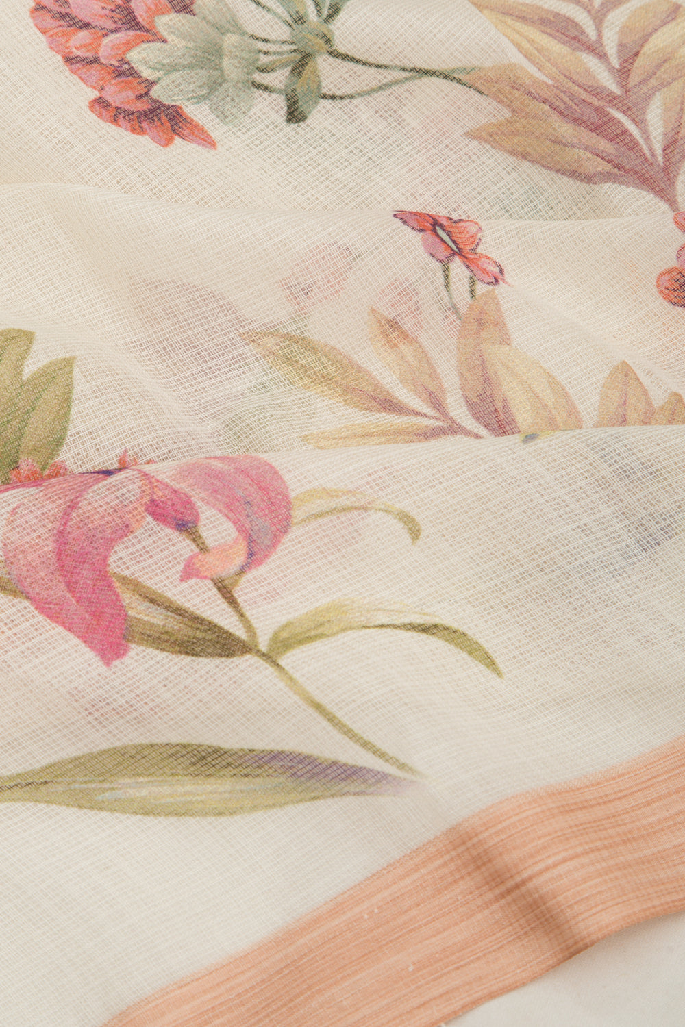 Kota Soft Silk Floral Printed Off White Saree