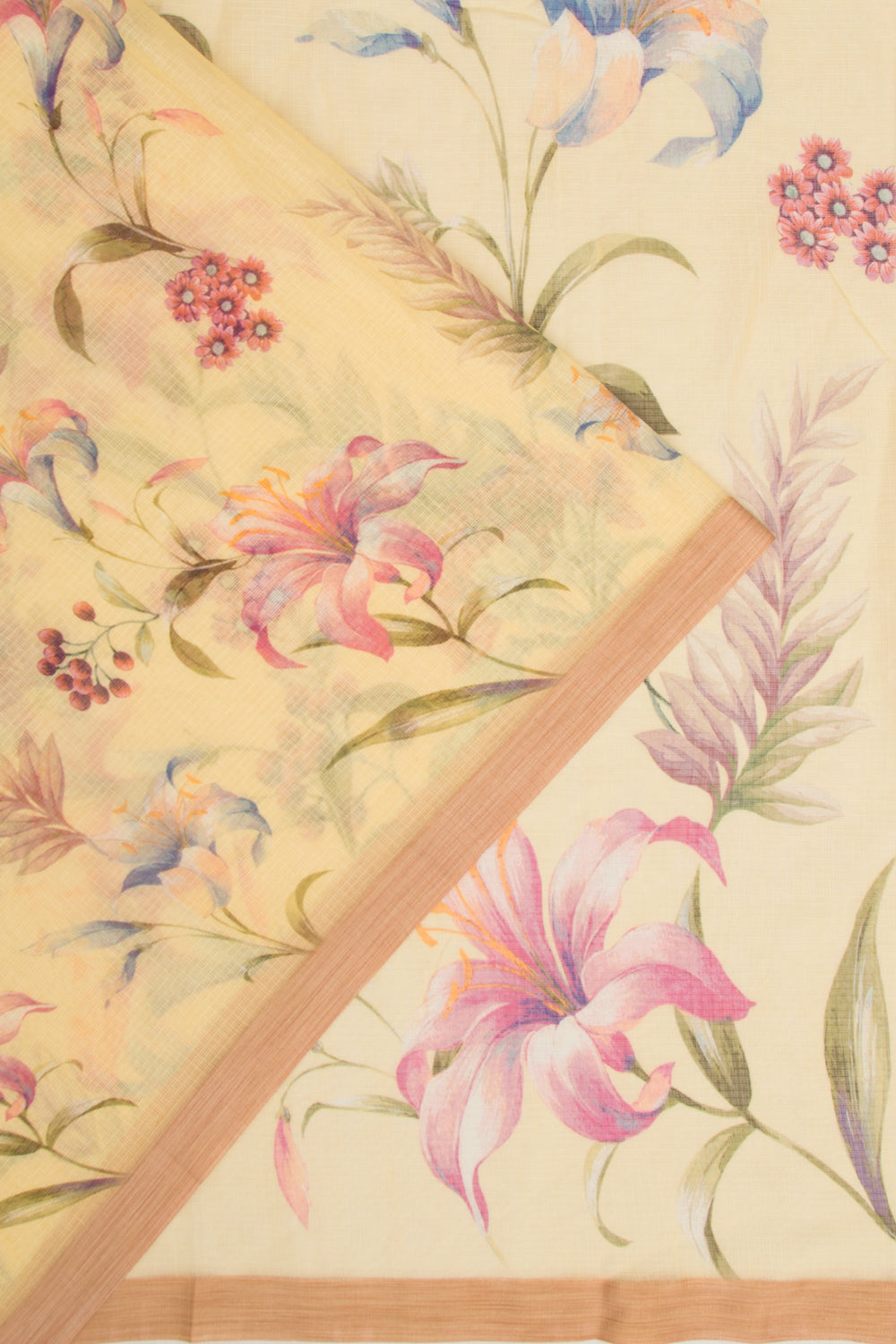 Kota Soft Silk Floral Printed Lemon Yellow Saree