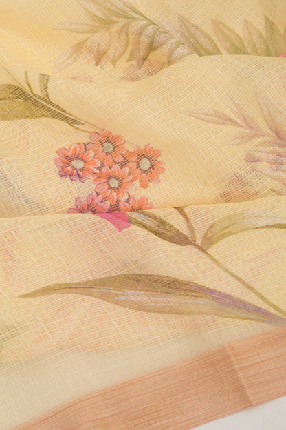 Kota Soft Silk Floral Printed Lemon Yellow Saree