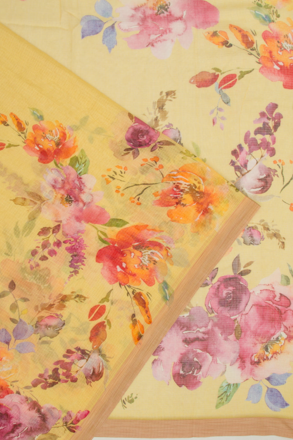 Kota Soft Silk Floral Printed Yellow Saree