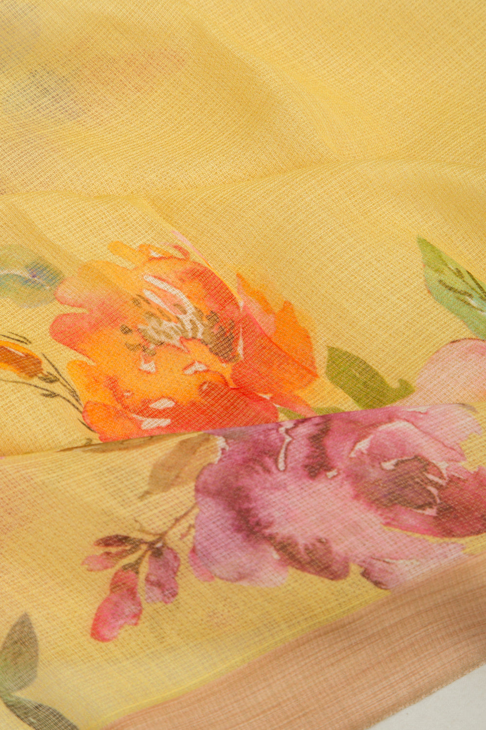 Kota Soft Silk Floral Printed Yellow Saree