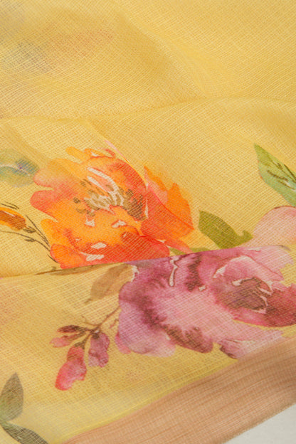Kota Soft Silk Floral Printed Yellow Saree