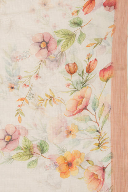 Kota Soft Silk Floral Printed Off White Saree