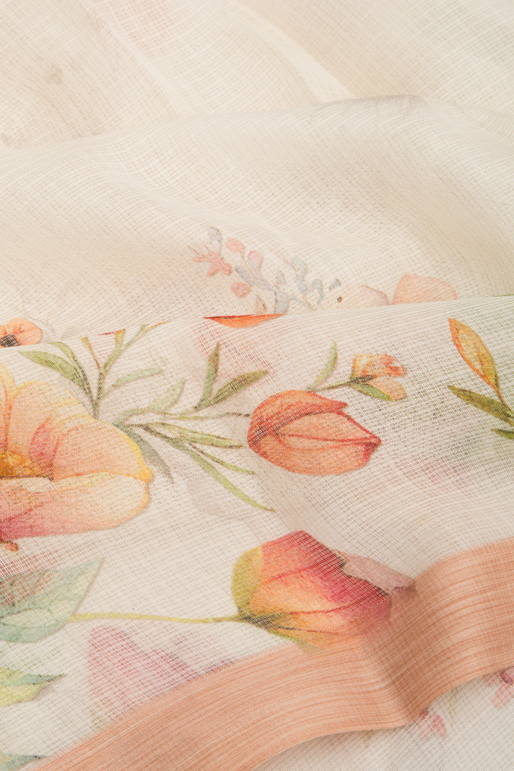 Kota Soft Silk Floral Printed Off White Saree
