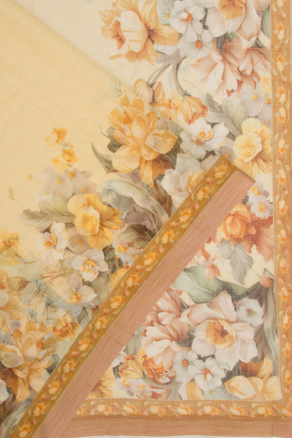 Kota Soft Silk Floral Printed Lemon Yellow Saree