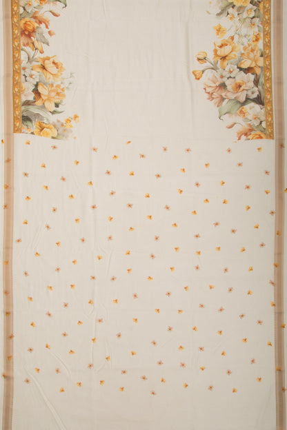 Chanderi Silk Floral Printed White Saree