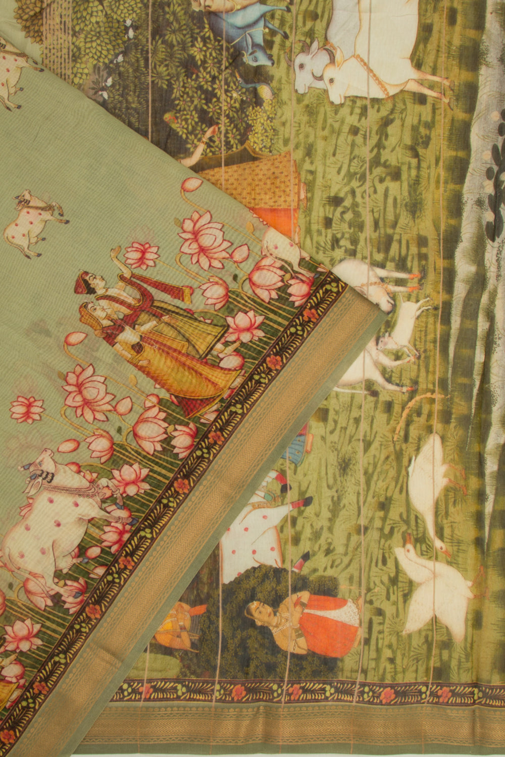 Chanderi Silk Pichwai Printed Green Saree