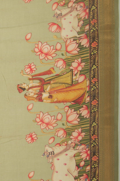 Chanderi Silk Pichwai Printed Green Saree