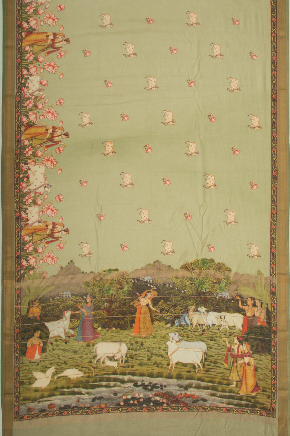 Chanderi Silk Pichwai Printed Green Saree