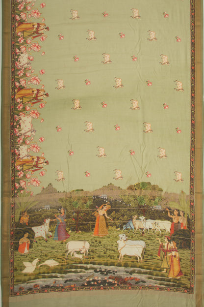 Chanderi Silk Pichwai Printed Green Saree