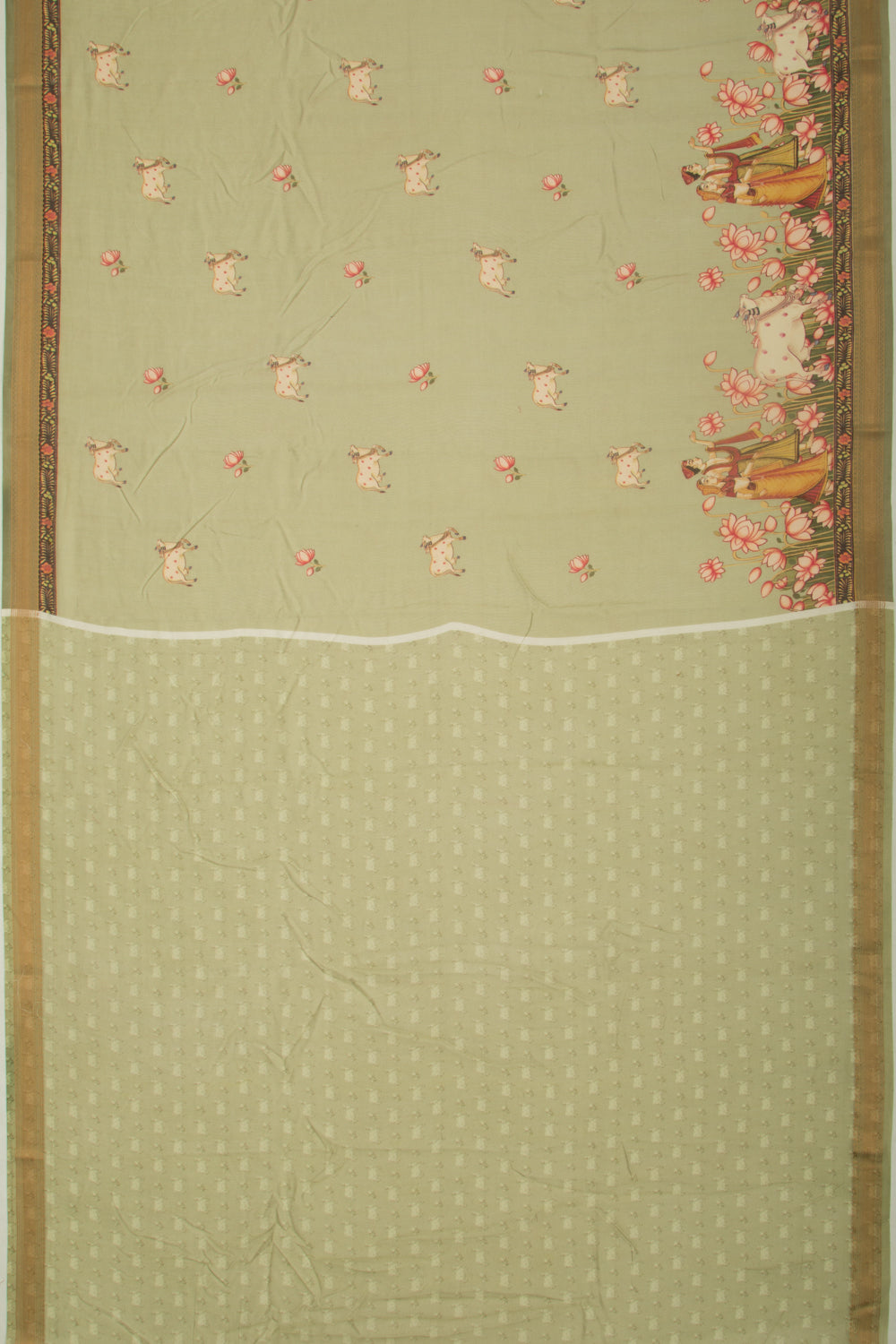 Chanderi Silk Pichwai Printed Green Saree