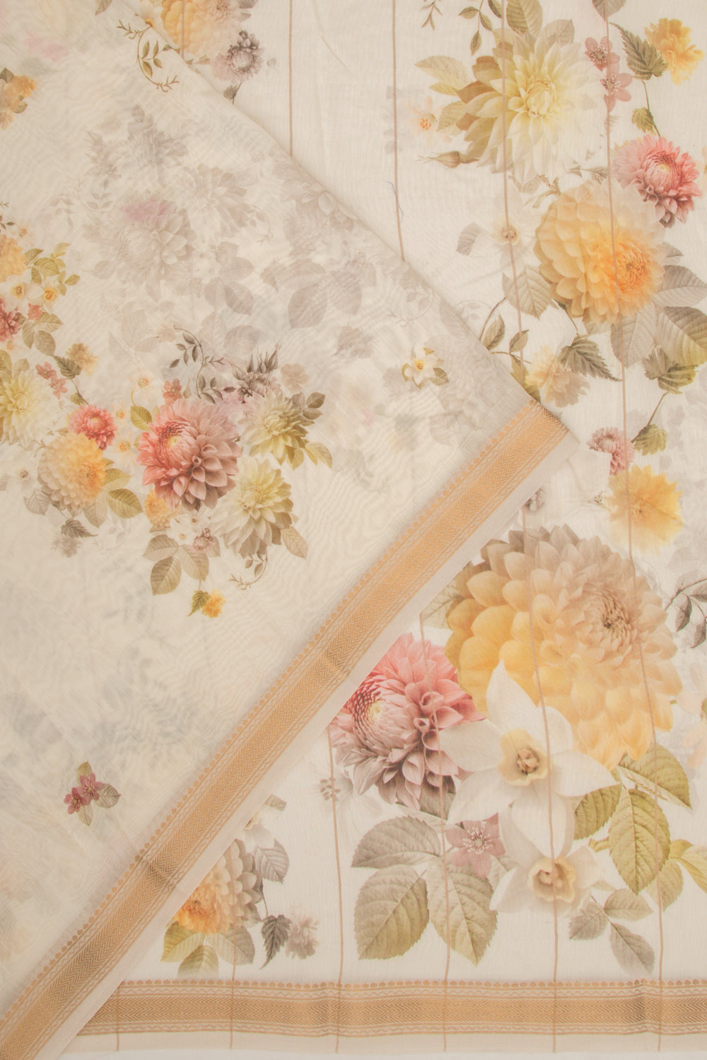 Chanderi Silk Floral Printed White Saree