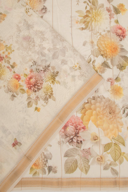 Chanderi Silk Floral Printed White Saree