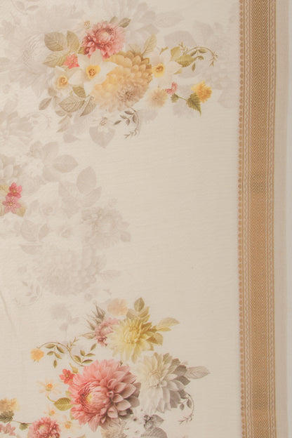 Chanderi Silk Floral Printed White Saree