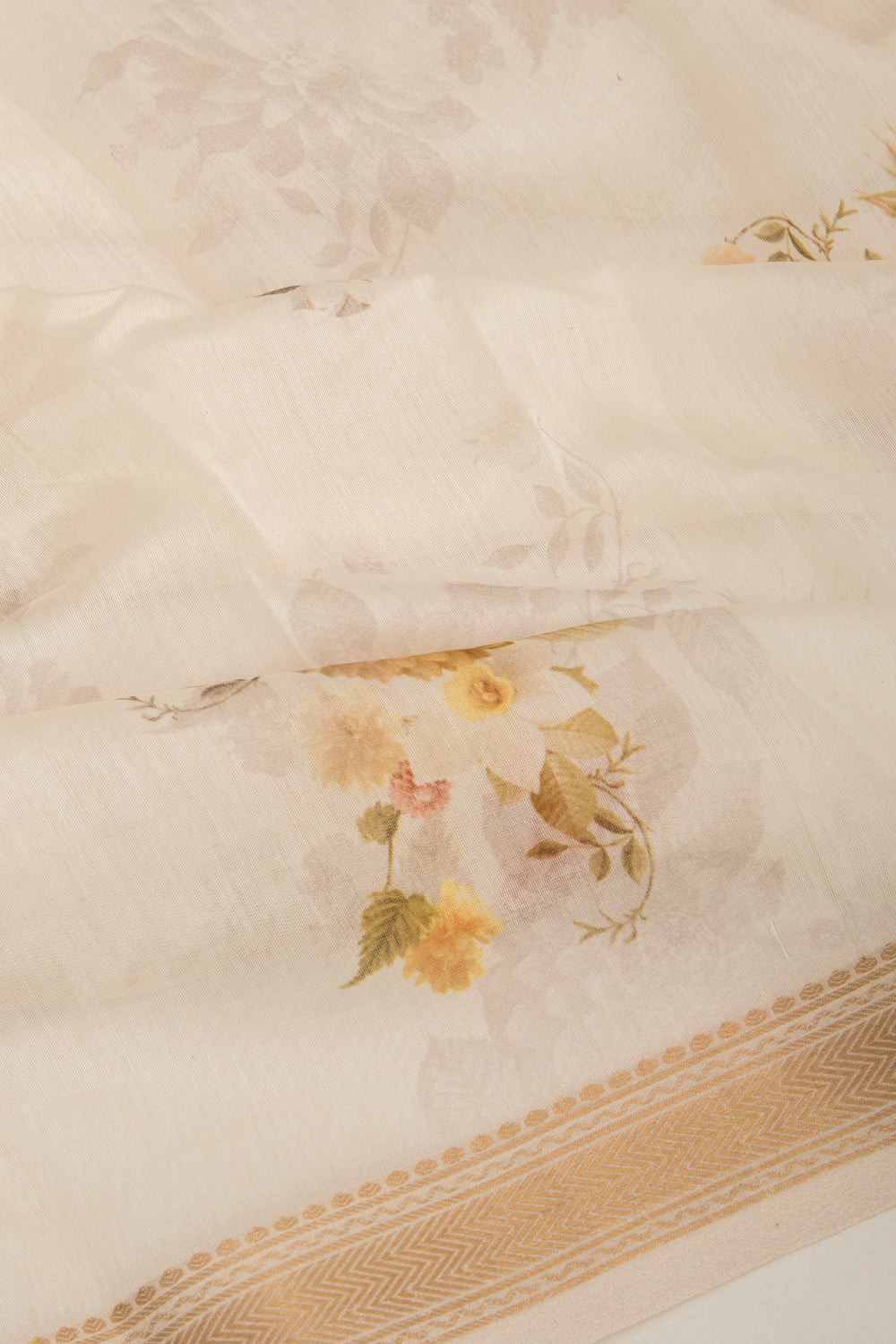 Chanderi Silk Floral Printed White Saree