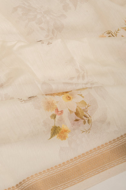 Chanderi Silk Floral Printed White Saree