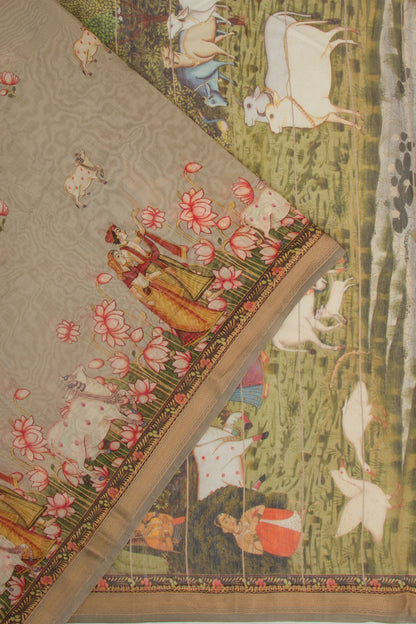 Chanderi Silk Pichwai Printed Cream Saree