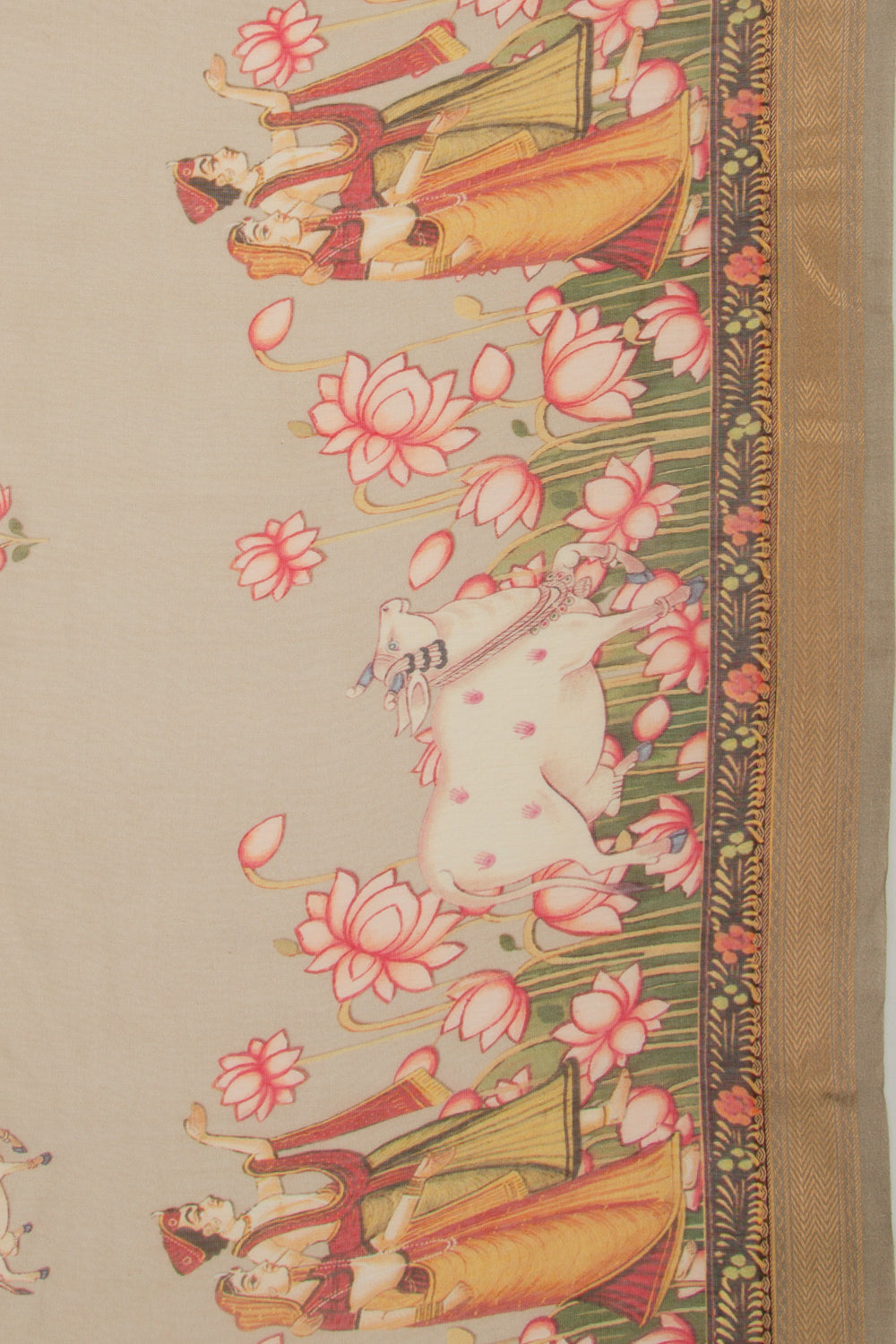 Chanderi Silk Pichwai Printed Cream Saree