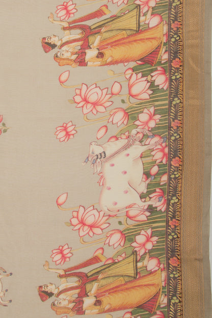 Chanderi Silk Pichwai Printed Cream Saree