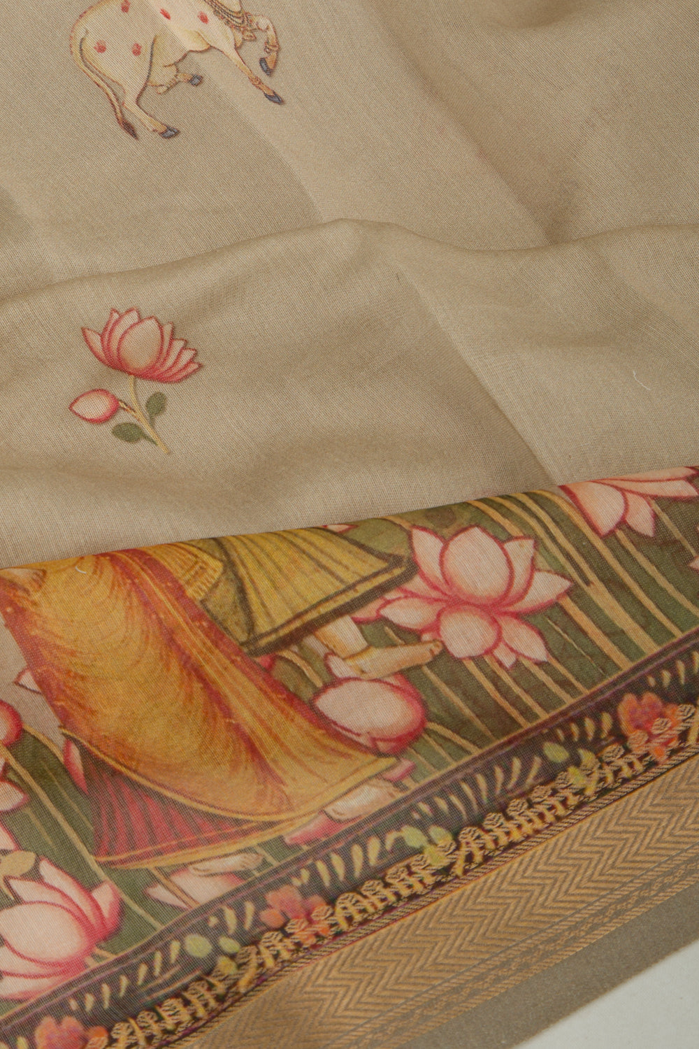 Chanderi Silk Pichwai Printed Cream Saree