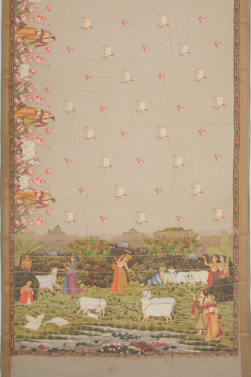 Chanderi Silk Pichwai Printed Cream Saree