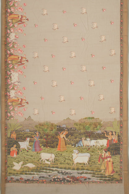 Chanderi Silk Pichwai Printed Cream Saree